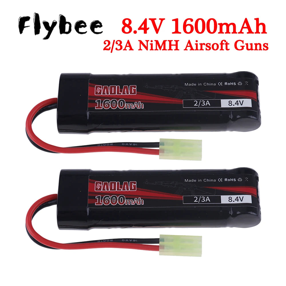Airsoft Battery 7S 2/3A 8.4V 1600mAh NiMH Flat Battery Pack with Mini Tamiya Connector for MP5, Scar, M249, M240B, M60 Guns