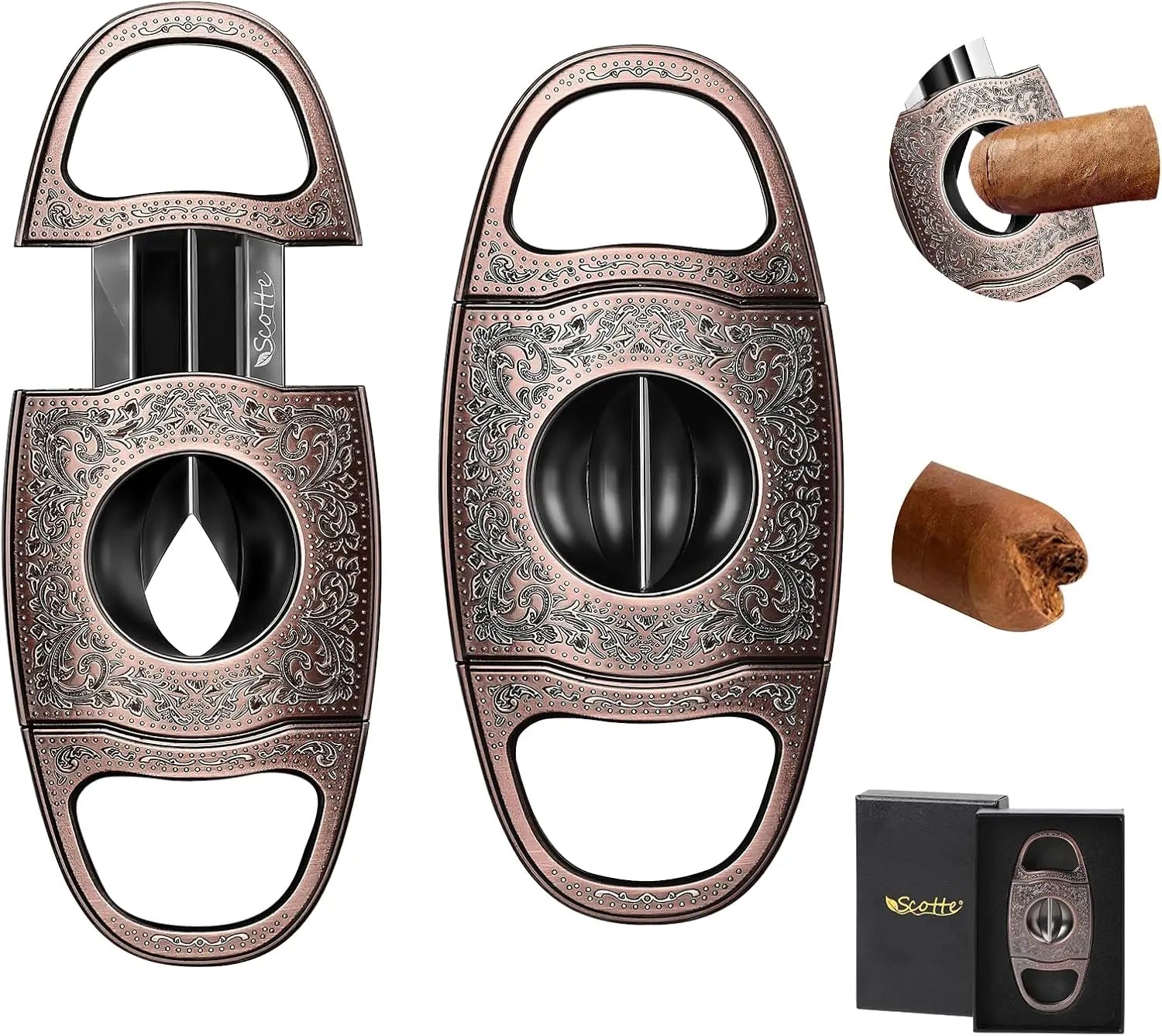 Cigar Cutter,Bronze Engraved V Cut Cigar Cutter Guillotine,Stainless Steel Blade Sharp Cigar Clippers,Cigar Accessories for Men