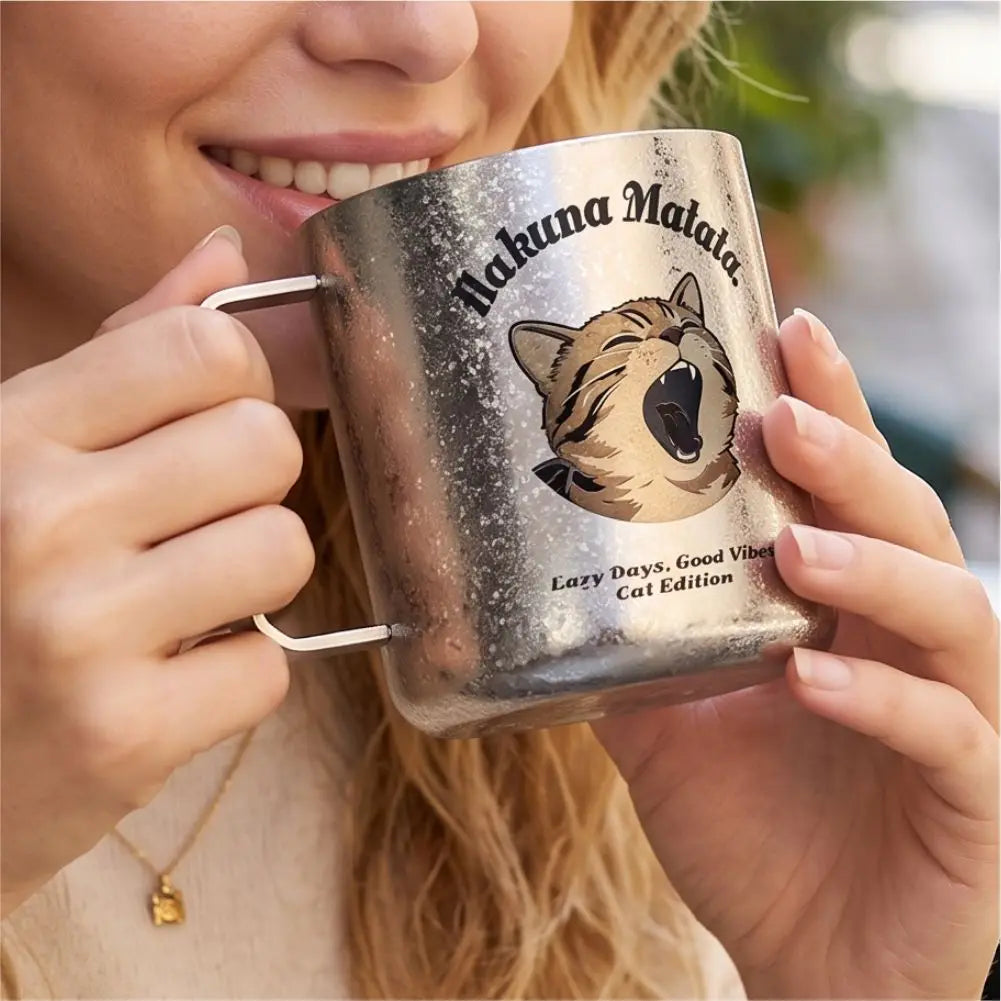Titanium Mug Double-Layer Anti-Scald Titanium Cup Camping Coffee Cup 450ml Cat and Dog Themed Couple's Cup
