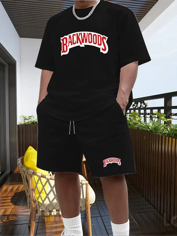 2026 New Summer Men's Fashionable Round Neck Short Sleeved Suit Black Brand Casual Jogging Clothes Sportswear