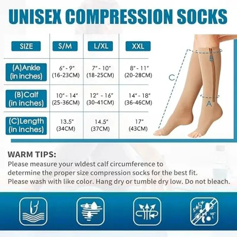 Zipper Compression Socks Men Women Knee Maternity High Socks Anti-Fatigue Stretchy Sox Outdoor Running Hiking Sports Socks