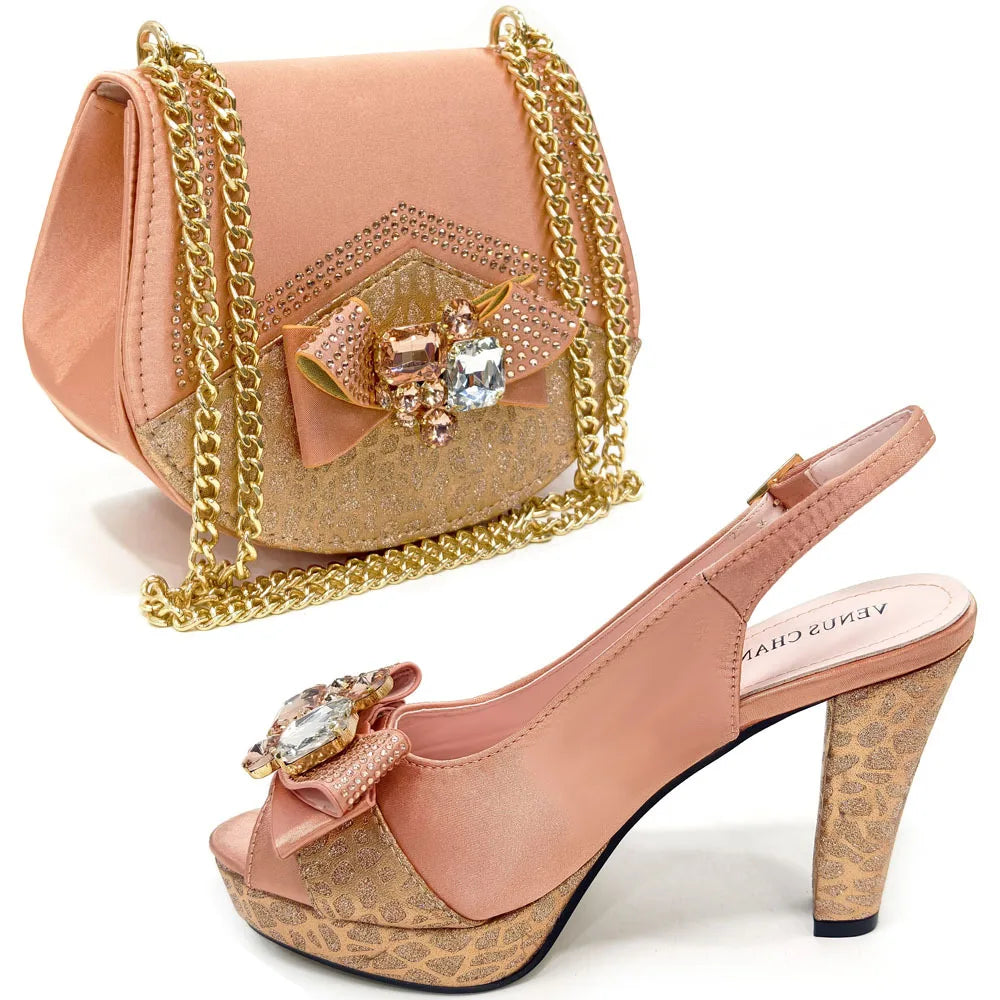 Newest Pink Color Pumps Women High Heels Decorated with Rhinestone Flower Design Party Women's Shoes and Bags Set