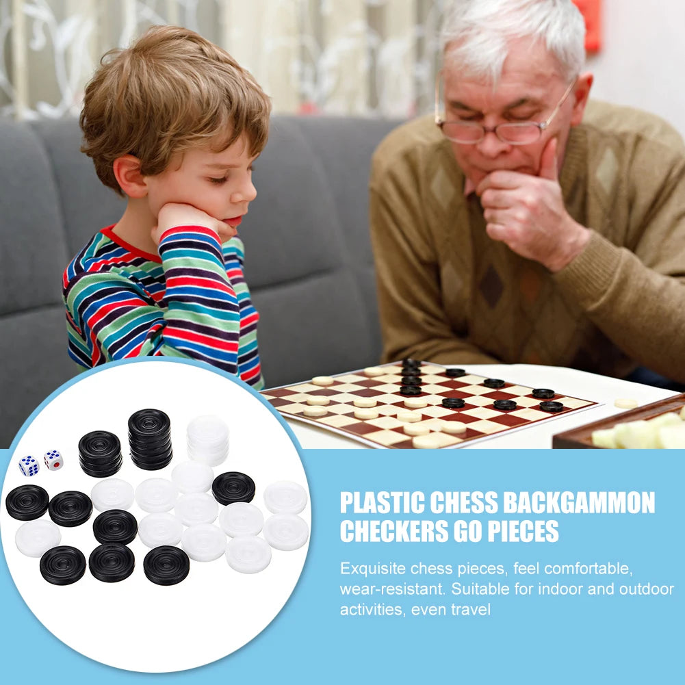 30pcs Wear-resistant Plastic Pieces Checkers Backgammon Chess Pieces with 2 Dice Board Game Adults Kids  for Home