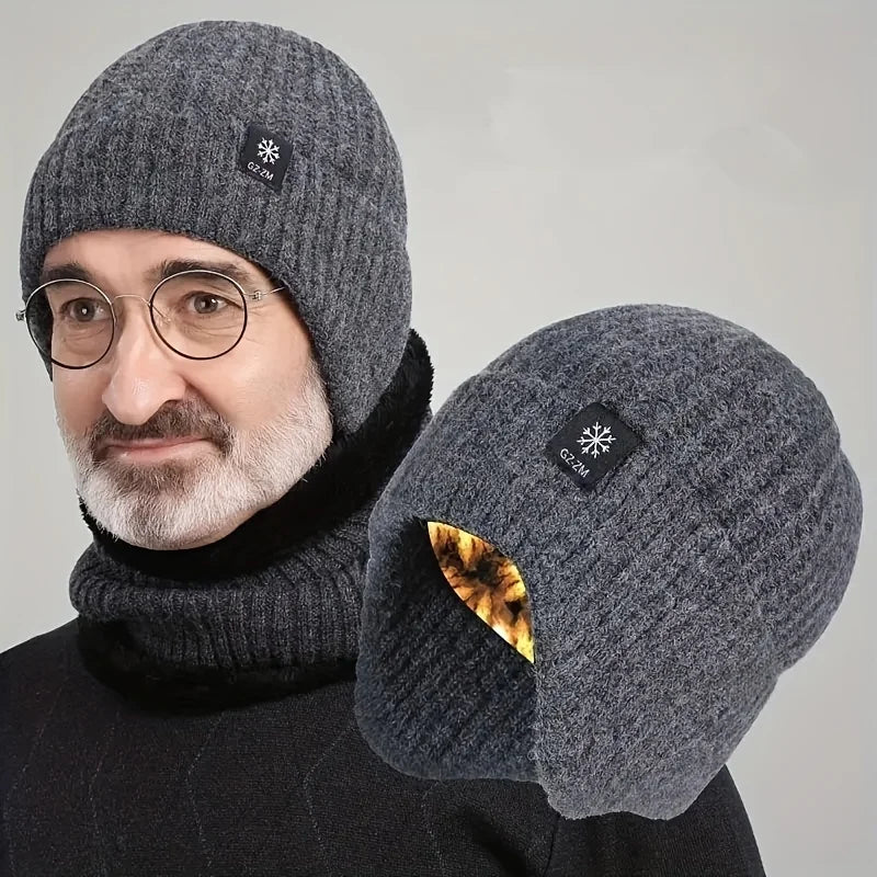 Men's Winter Thermal Faux Fur Lined Beanie with Ear Flaps, Thicken Knitted Cap for Windproof Skiing, Hiking, Cycling Bomber Hats