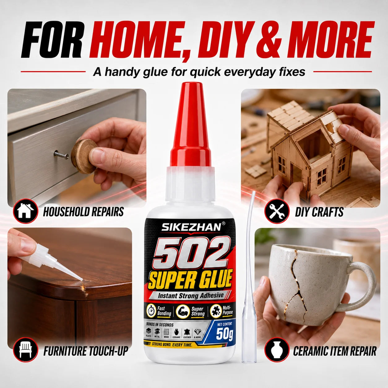 SIKEZHAN® 50g 502 Super Glue Cyanoacrylate Adhesive, Instant Quick Dry Strong Bond for Leather Rubber Glass Wood Metal Repairs