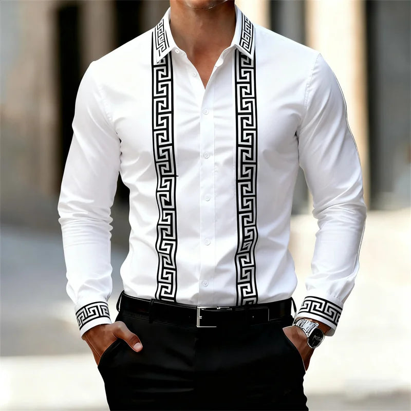 Men's Retro Geometric Print Shirt, Stylish Long-Sleeve Black Shirt, Business Casual Men's Top