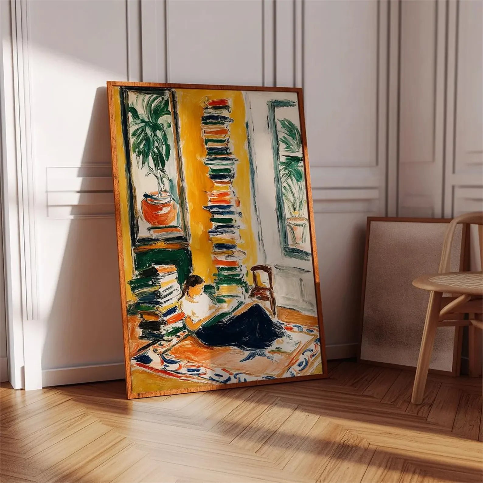 Woman Reading by the Window Poster, Cozy Book Lover Wall Art, Warm Yellow Interior Painting, Modern Impressionist Home Decor
