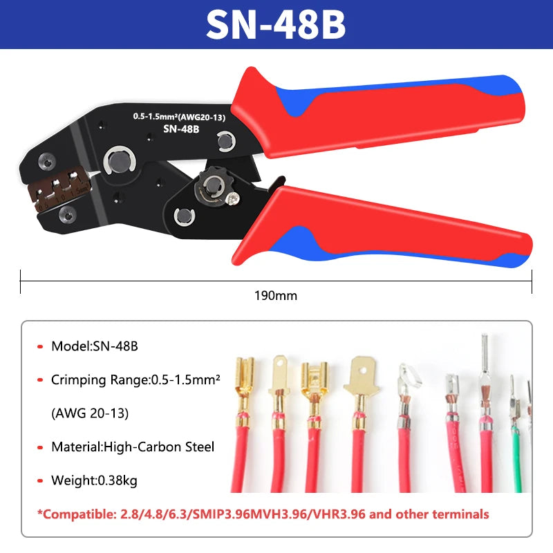 For TAB 2.8 4.8 6.3 Car Terminals Crimping Pliers 0.5-2.5mm²/23-13AWG High Precision Jaw Wire Electrical Hand Tools SN-48B