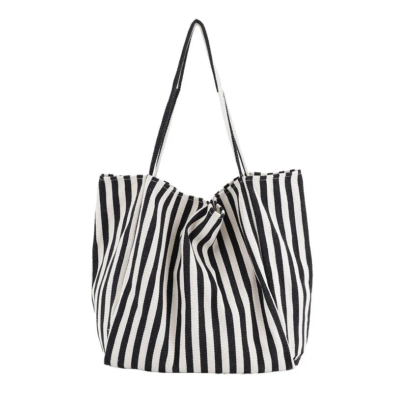 Casual Fashion Large Capacity Shoulder Bags For Women Striped Handbag Totes Canvas Big Size Shopping Bag Female Travel Pack
