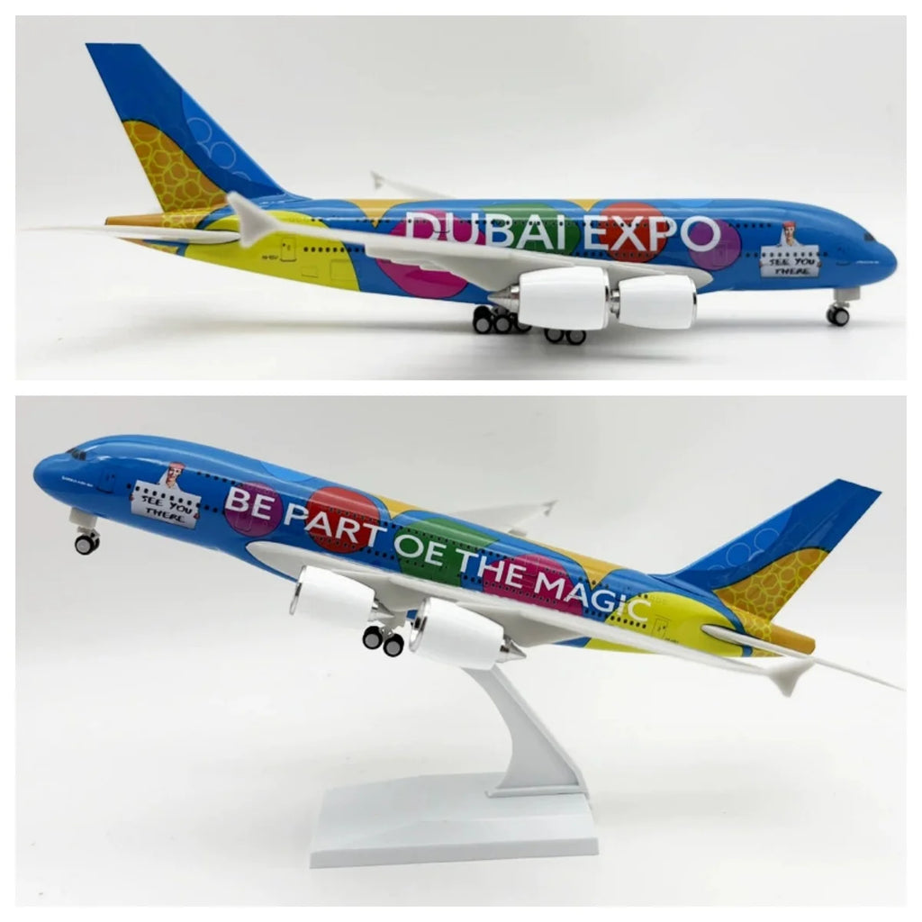 30CM Scale A380 Dubai Expo Painted Aviation Airlines Airplanes Plane Model Aircraft Resin Model Toys Plane Model Child Toy with