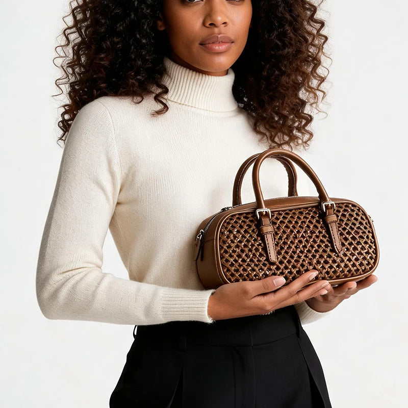 Vintage Hollow-Out Handheld Boston Bag Retro Top-Handle Shoulder Tote Lady Premium Commuter Purse Women Daily Office Satchel