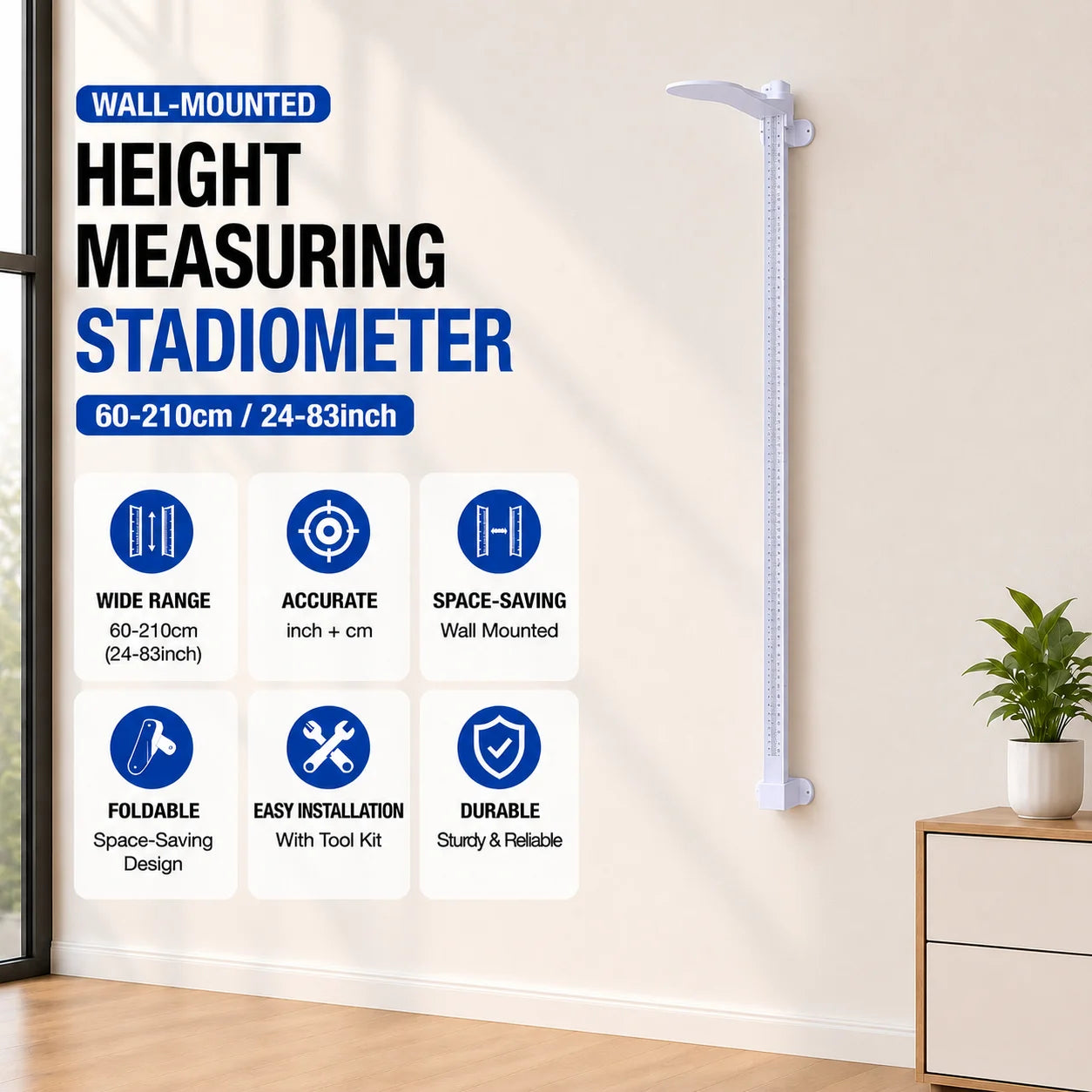 Wall Mount Height Measure Stadiometer 60-210cm High Accuracy  Height Ruler for Kids Adults Medical Clinic Home Use