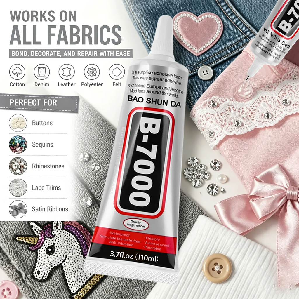 B-7000 Fabric Glue Permanent and Washable Adhesive, No-Sew Fabric Glue for Clothing, Denim, Polyester, Cotton, Flannel Materials