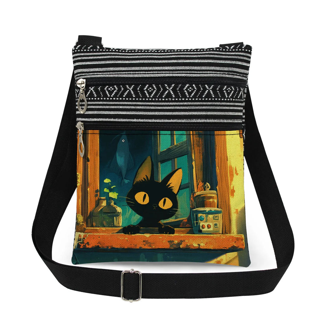 Cute Cartoon Black Cat Print Crossbody Bags Shoulder Bags For Women Daily Travel Portable Small Messenger Bags Catkeeper Gift