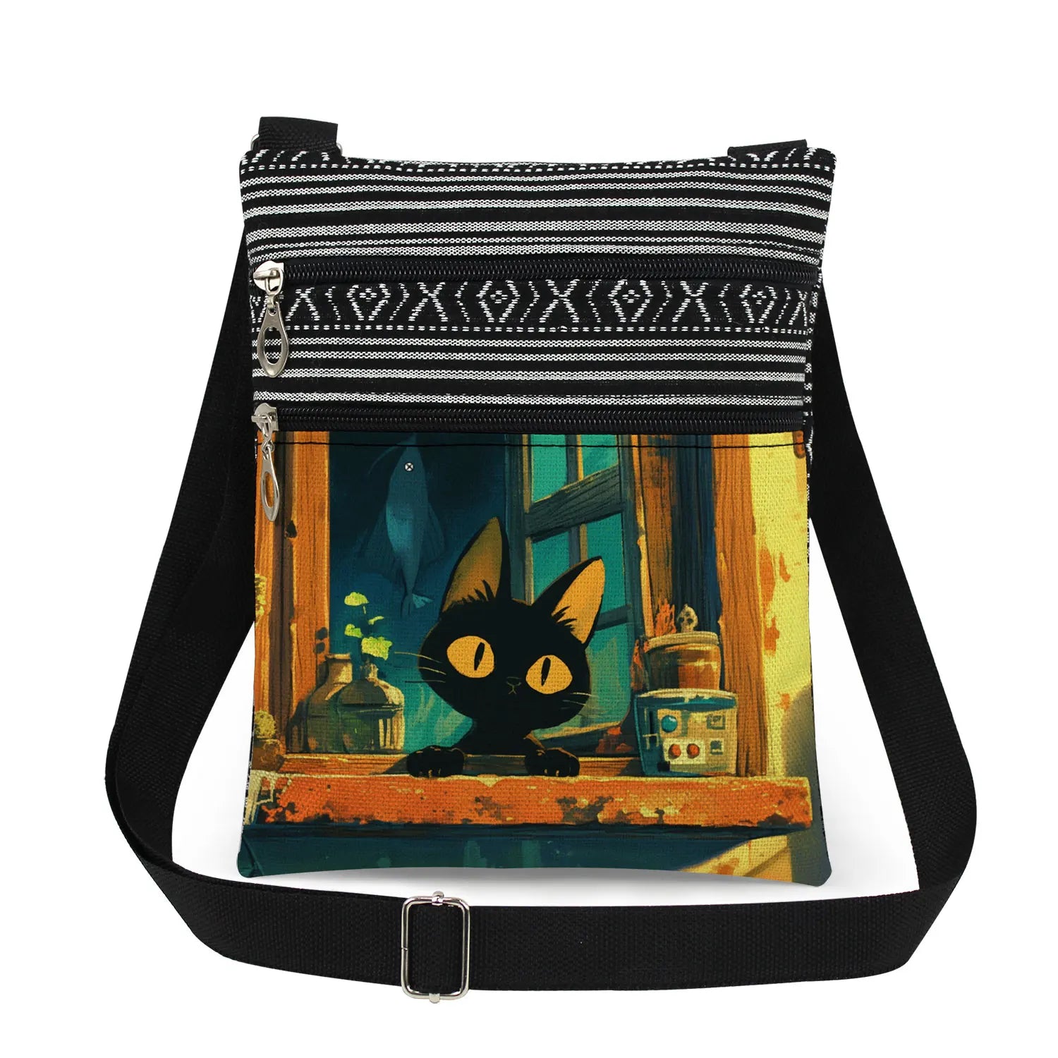 Cute Cartoon Black Cat Print Crossbody Bags Shoulder Bags For Women Daily Travel Portable Small Messenger Bags Catkeeper Gift
