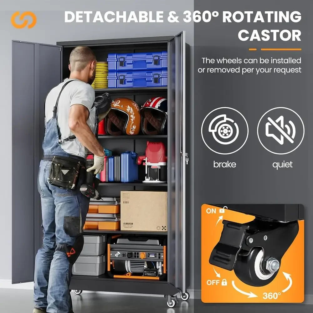 Heavy-Duty Rolling Storage Cabinet with Lock, 2 Doors and 4 Shelves, Tall Tool Cabinet on Wheels for Workshop/Home/Office - Blac