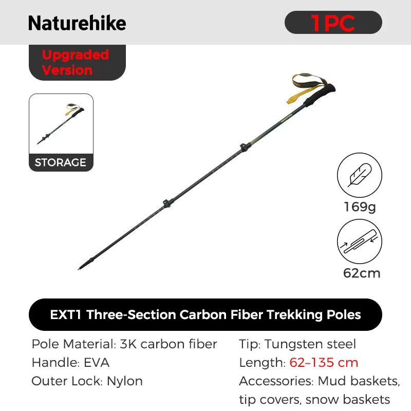 Naturehike 3-section Carbon Fiber Hiking Poles Ultralight Telescopic Trekking Poles Outdoor Hiking Camping Walking Stick