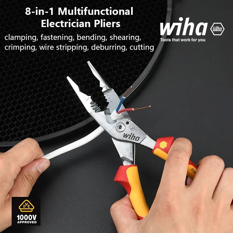 Wiha 45489 Multifunctional 8-in-1 Industrial Electrician Insulated Wire Strippers Pointed Crimping and Cutting Pliers 1000V VDE