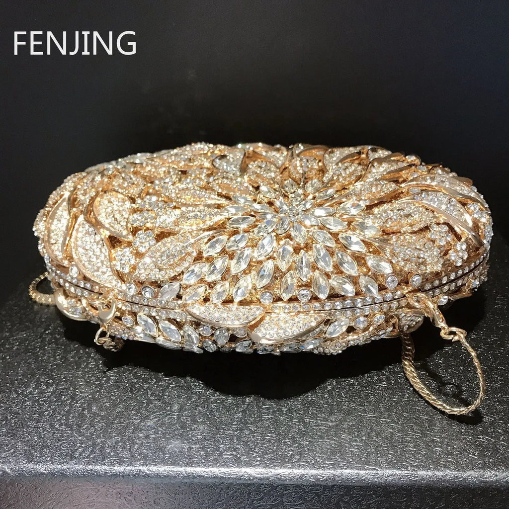 Gold Metal Leaves White Crystals Evening Clutch Bags Luxury Women Wedding Party Purse Ball Handbags Rhinestone Mini Shell Bag