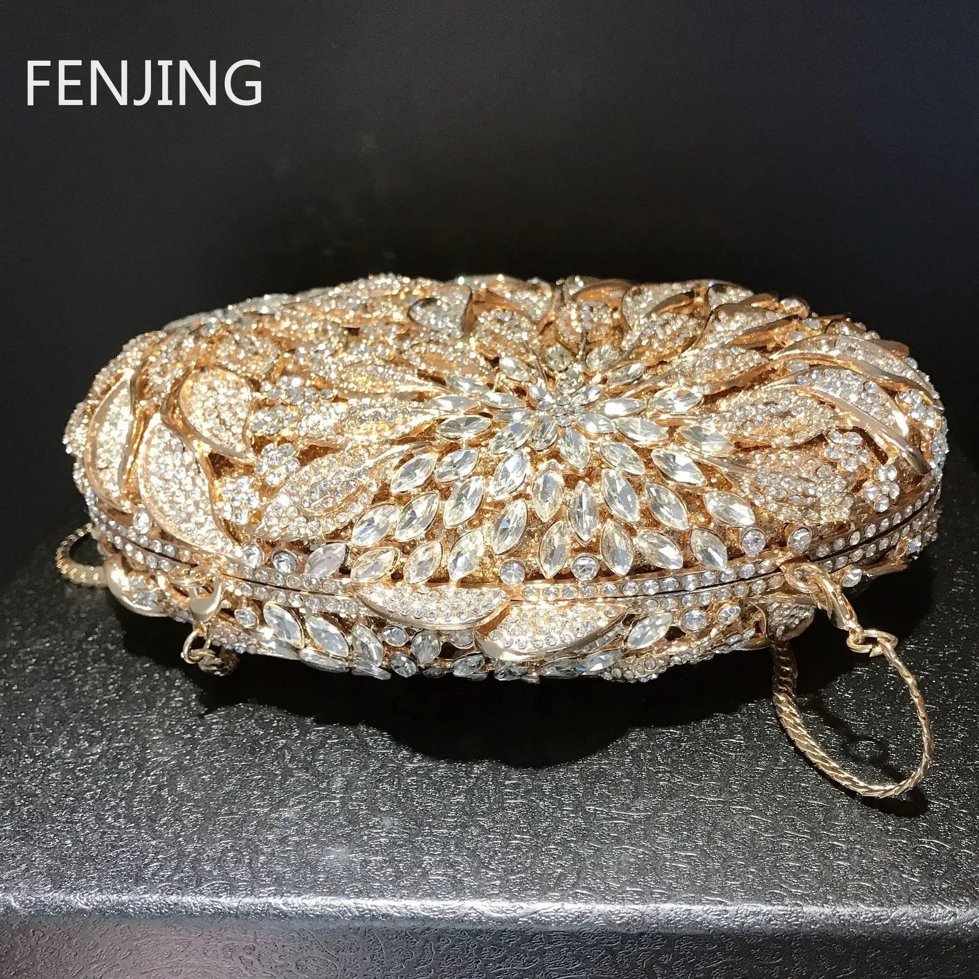 Gold Metal Leaves White Crystals Evening Clutch Bags Luxury Women Wedding Party Purse Ball Handbags Rhinestone Mini Shell Bag