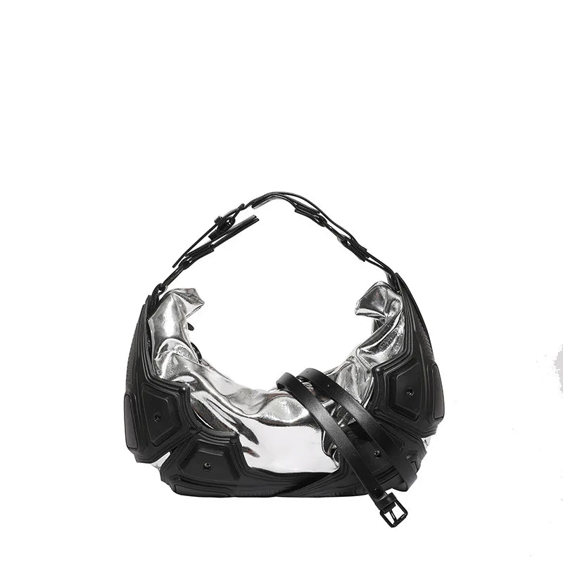 American Motorcycle Style Dumpling Armpit Bag For Women Casual Fashionable High Street PVC Splicing PU Pleated Crossbody Bags