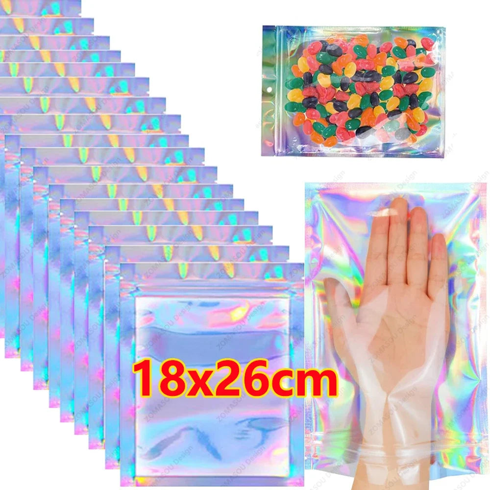 400-1PCS Color Laser Sealing Bags Plastic Holographic Candy Food Pouch Resealable Necklace Jewelry Gift Packaging Storage Bag