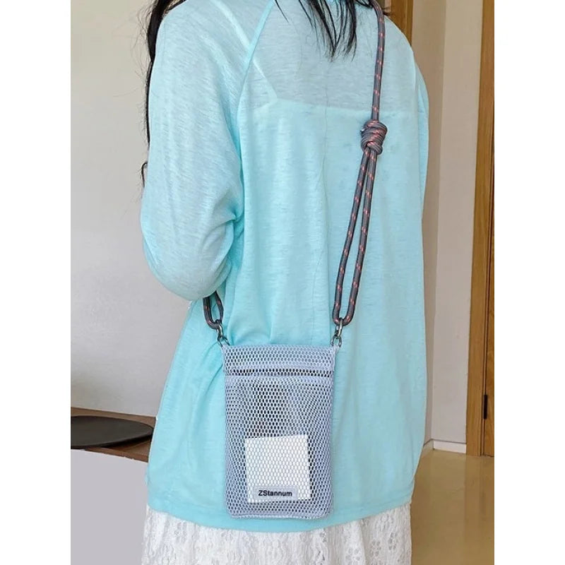 Sweet and Fresh Mobile Phone Bag for Women2025New Summer Hollow Out Single Shoulder Bag Crossbody Mesh Portable Storage Bag