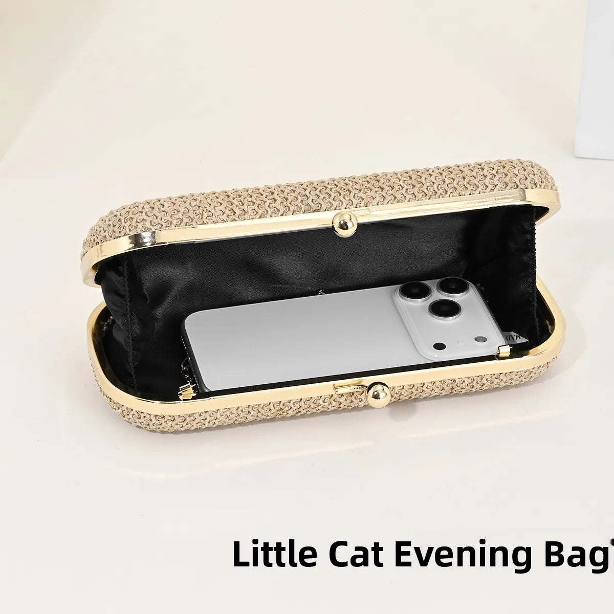 Elegant Woven Clutch Bag for Women Metal Buckle Party Dinner Beach Handbag Polyester Pure Color Fashionable round Box Shape