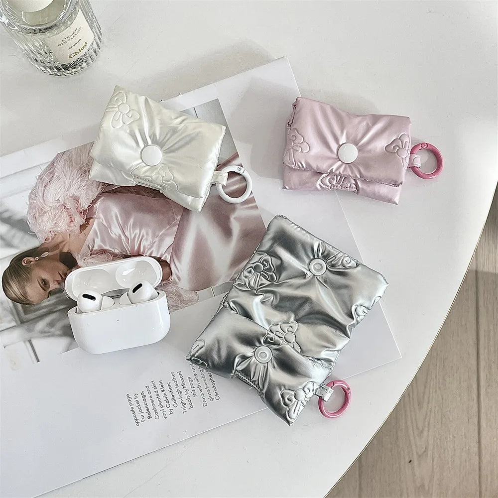 New Cute Heart Earphone Bag for Women Soft PU Leather Bow Headphone Storage Bag Silver Bluetooth Headset Earphone Case Gifts