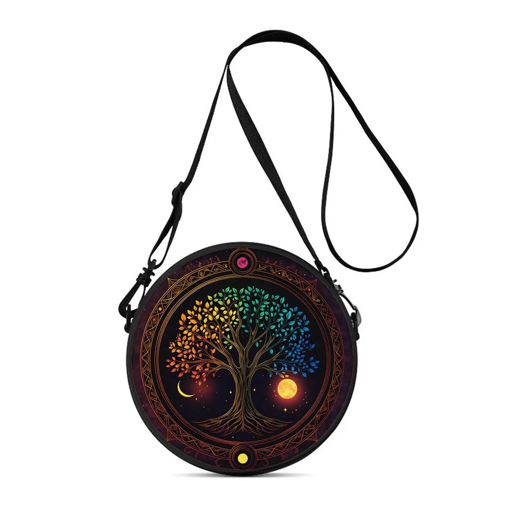 Tree of Life Print Round Shoulder Bag Casual Messenger Bag Daily Adjustable Strap Crossbody Bag for Woman Best Gifts 2D Flat