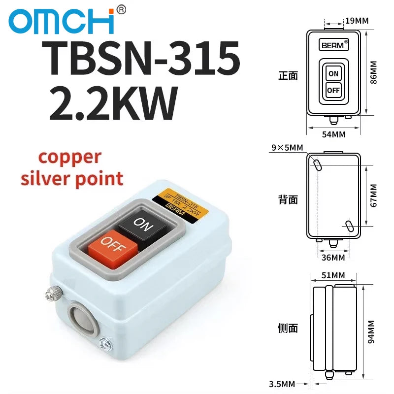 OMCH Push Button Power Switch Three Phases Power Control Start Switch AC 380V 15A 3P 2.2KW TBSN-315 TBSS-315