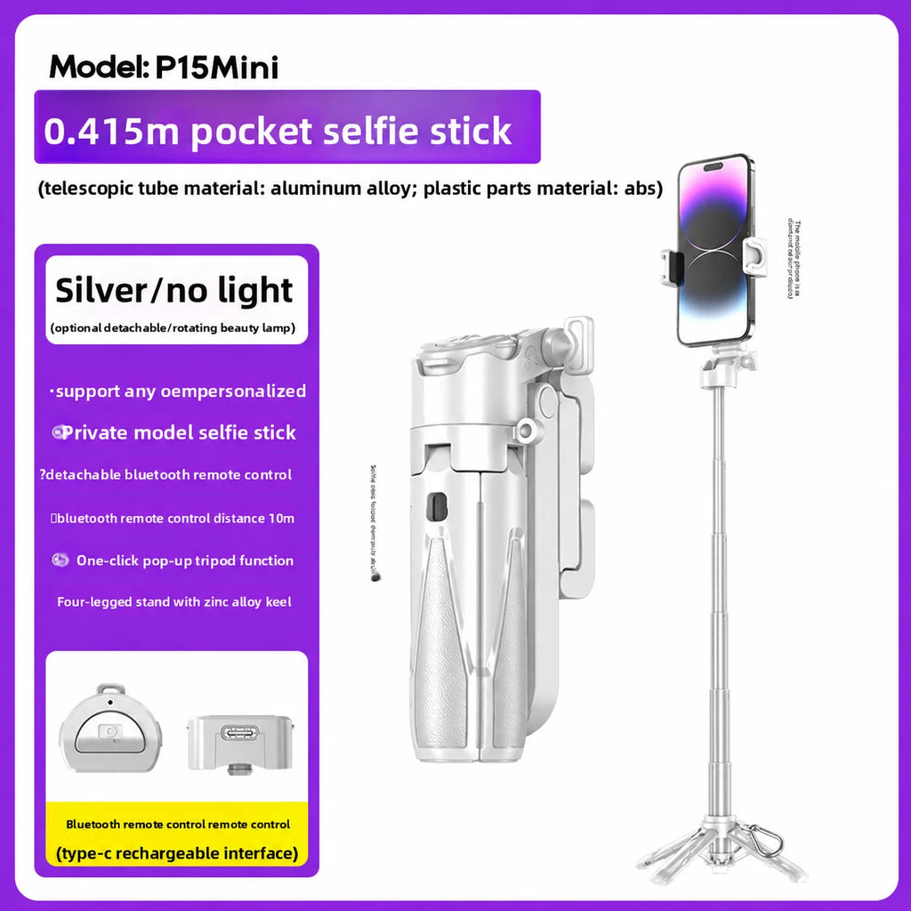 P15 Mini Bluetooth Selfie Stick Tripod Universal Phone Holder Portable Extendable Travel Handheld Stand for Live Vlog