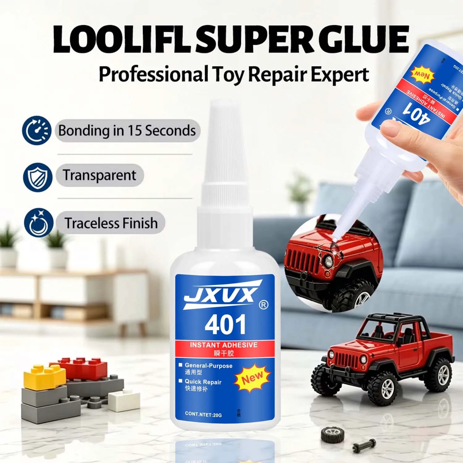 JXVX 401 Super Glue 20g Instant Adhesive Quick Dry Universal Specific Glue for Plastic Rubber Metal Paper DIY Craft Repair,6pcs.