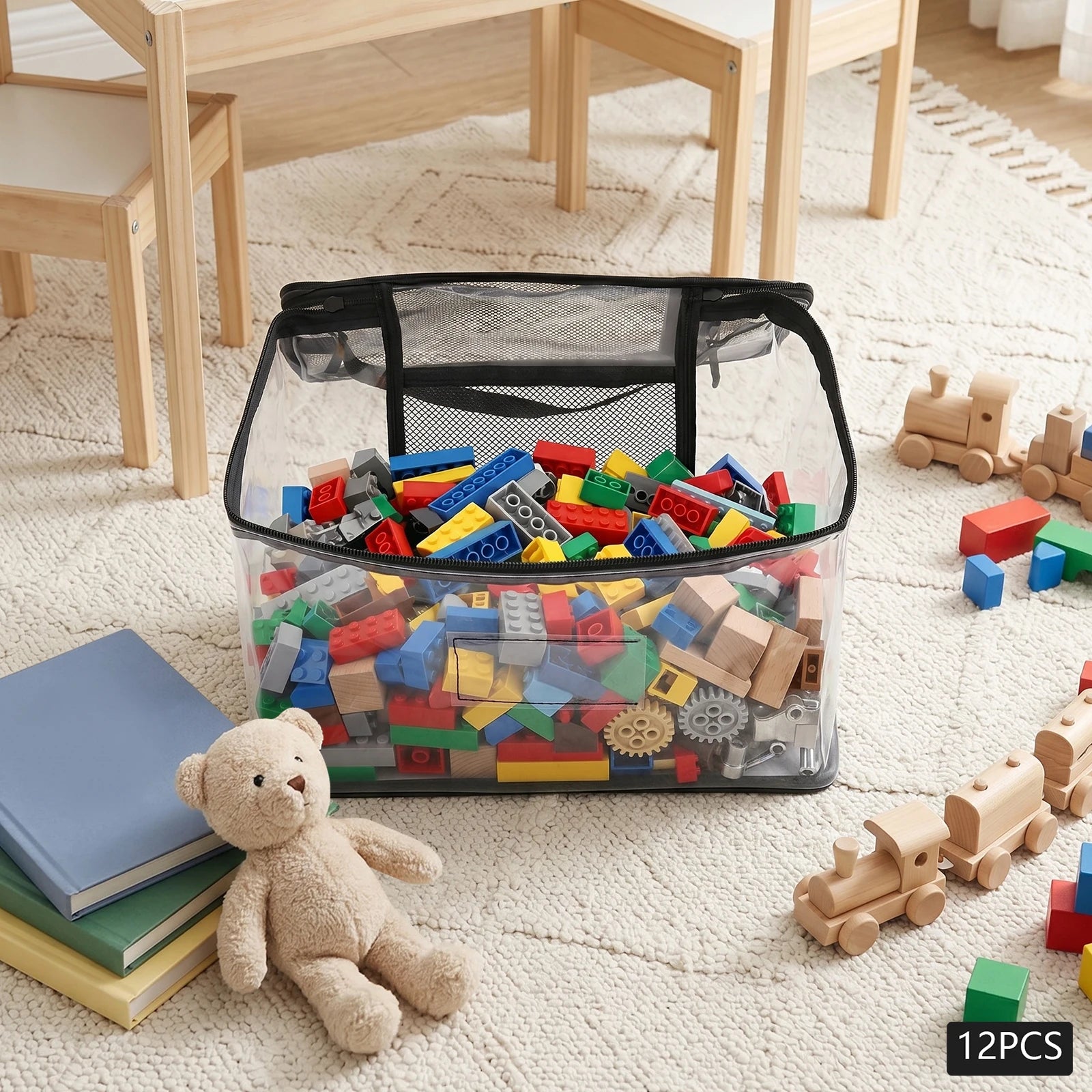 12 Pieces Large PVC Storage Bag, Transparent Black, Toy Organizer with Zipper Pockets, Game Room Storage, Travel Storage for Barbie, Blocks, Plush, Waterproof, Durable, Portable Handle, Home Closet