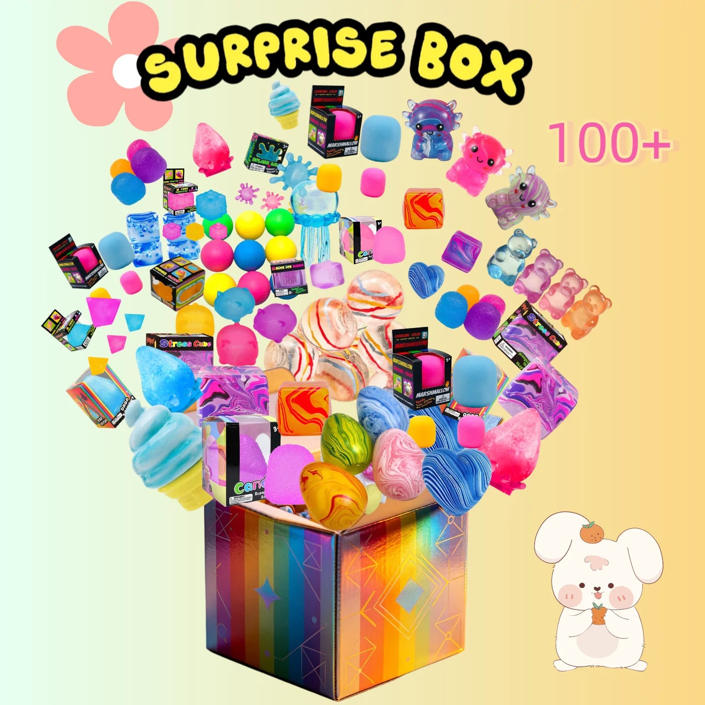 100+Pcs Surprise Box Toys Novelty Stress Relief Assorted Squishy Figures Blind Box Fun Mystery Fidget  Stress Relief Surprise