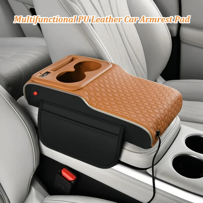 Multifunctional PU Leather Car Cup Holder Armrest Pad with Storage Pockets Soft Comfortable for Phone Charging and Support