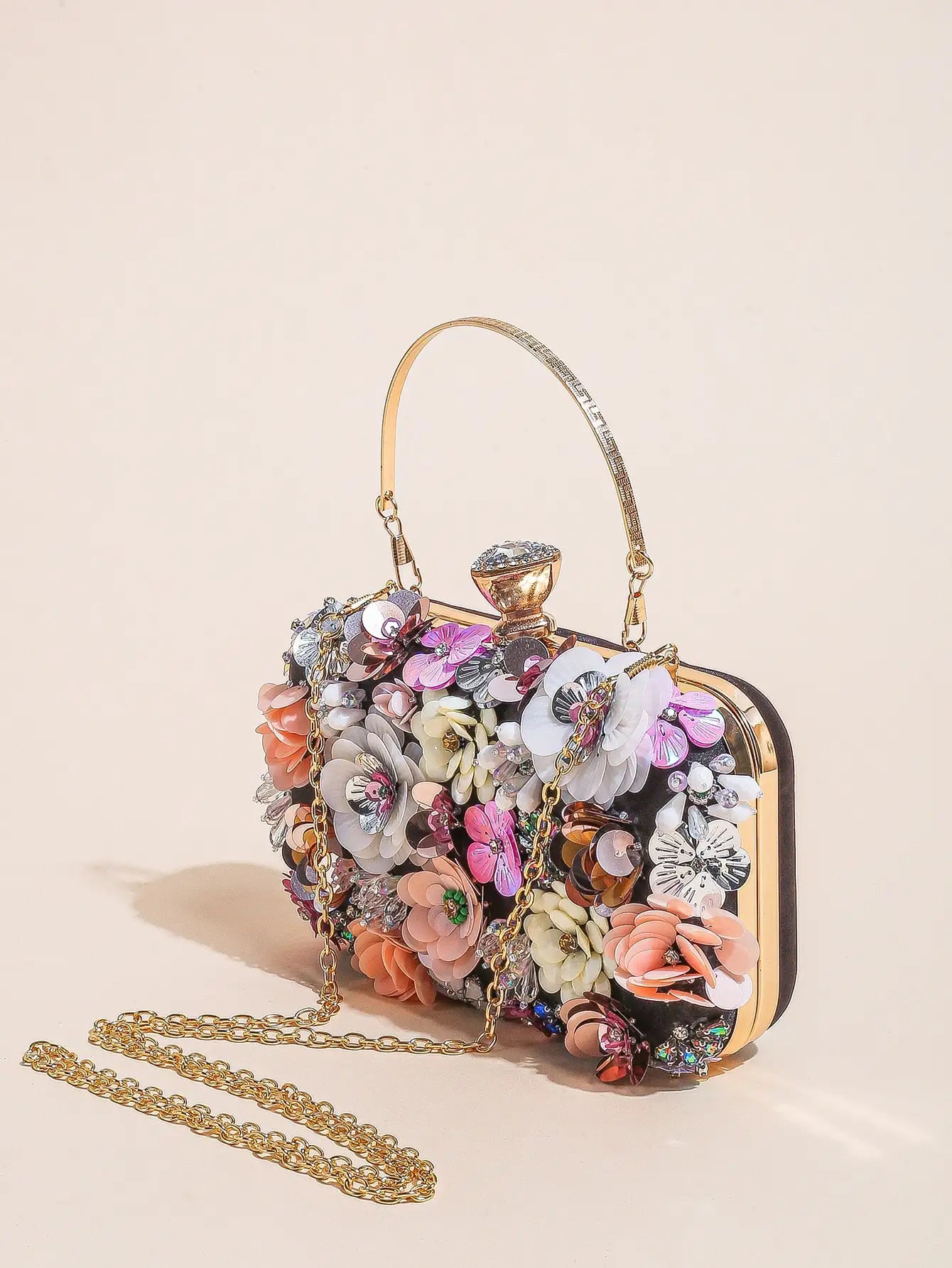 I PC Black Elegant Floral Beaded Clutch, classic Banquet Purse,Women's Fashion Evening Bag Foren Wedding Party Prom
