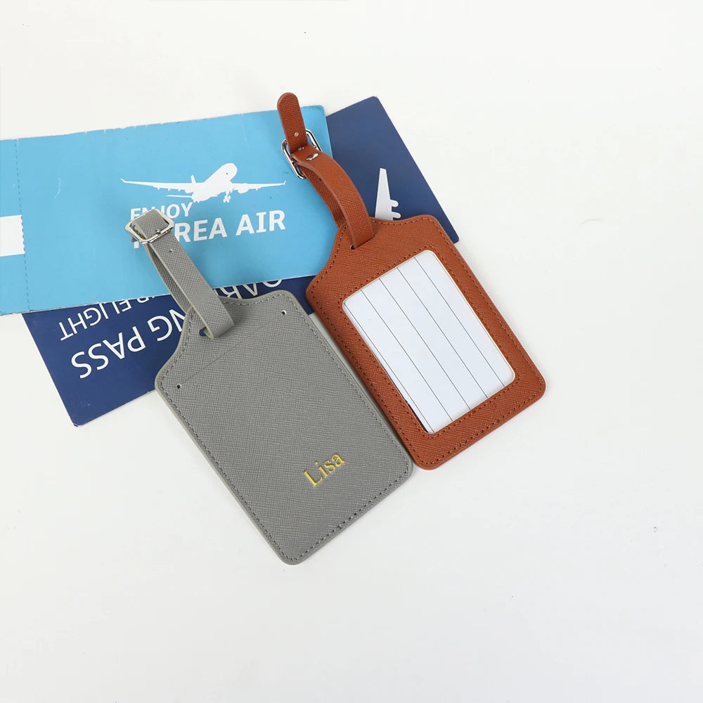 Customized name PU leather half-round luggage tag set with cross-patterned genuine leather travel case label pendant