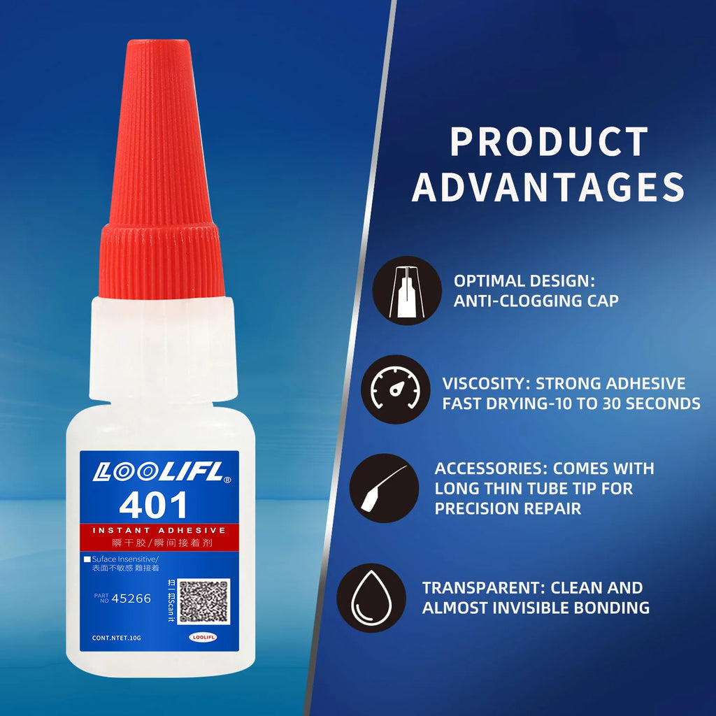 LOOLIFL 401 Super Glue 5×20g, Liquid Glue10s Fast Drying Cyanoacrylate Adhesive, Strong Bond for Plastic Metal Wood Ceramic Repa