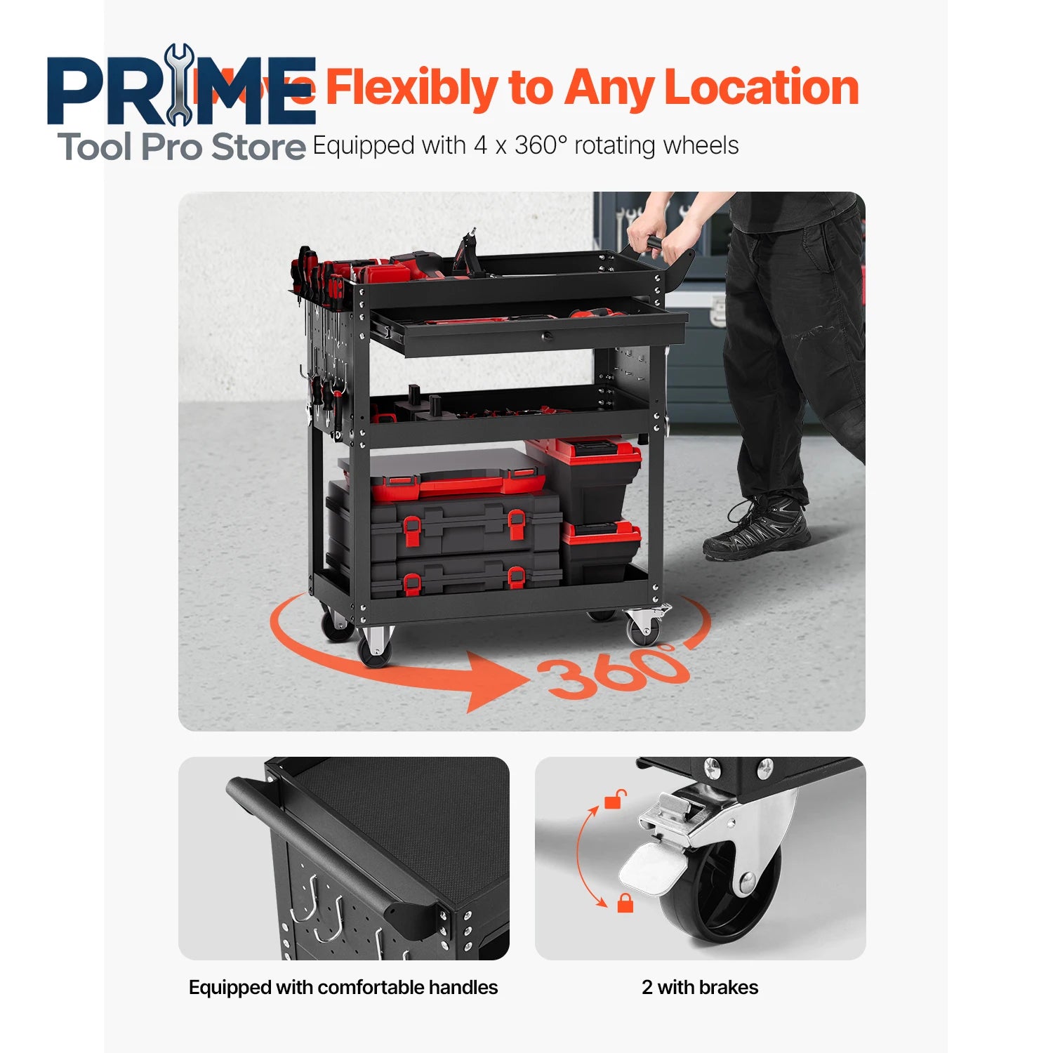 VEVOR 4-Tier Rolling Tool Cart on Wheels Mechanic Cart with Drawer & Pegboard Tool Storage Organizerfor Garage Repair Shop
