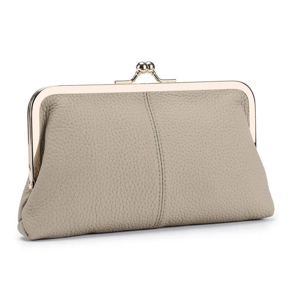 Vintage Genuine Leather Clutch Purses for Women Small Evening Bag with Kiss Lock Closure Metal Frame Long Large Clutch Wallet