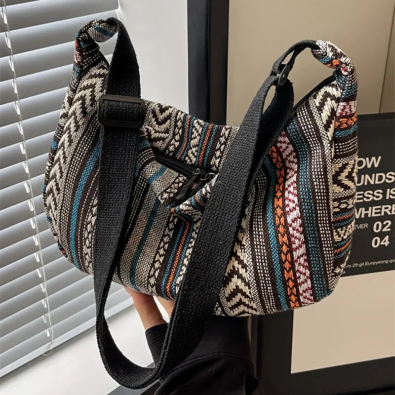 Crossbody Bags Tribal Style Shoulder Bag, Foldable Crossbody Striped Pattern, Flag Theme Hand Washable Edge Painted Lining
