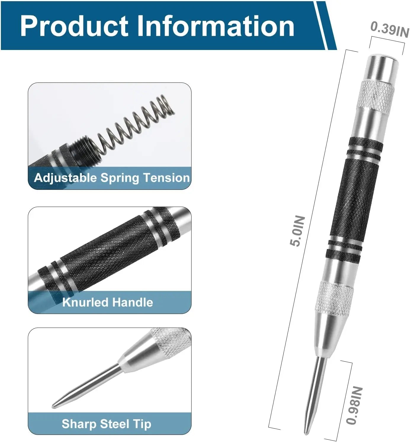Automatic Center Punch, 5'' Spring Loaded Center Hole Punch, Impact Center Marker Scriber Tool for Metal, Plastics, Wood, Glass