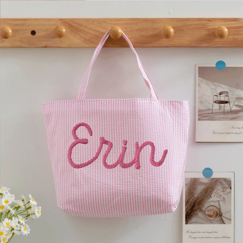 Custom Seersucker Cosmetic Handbag and Travel Organizer — Personalized Chenille Letter Toiletry Bag and Summer Beach Tote