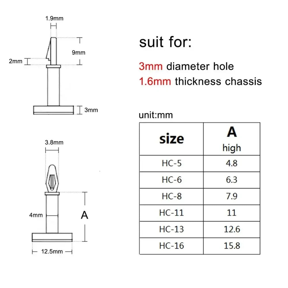 HC-5/6/8/9/11/13 Nylon Plastic (3M GLUE)stick on PCB Spacer Standoff 3mm Hole support Locking Snap-In Posts fixed clips Adhesive