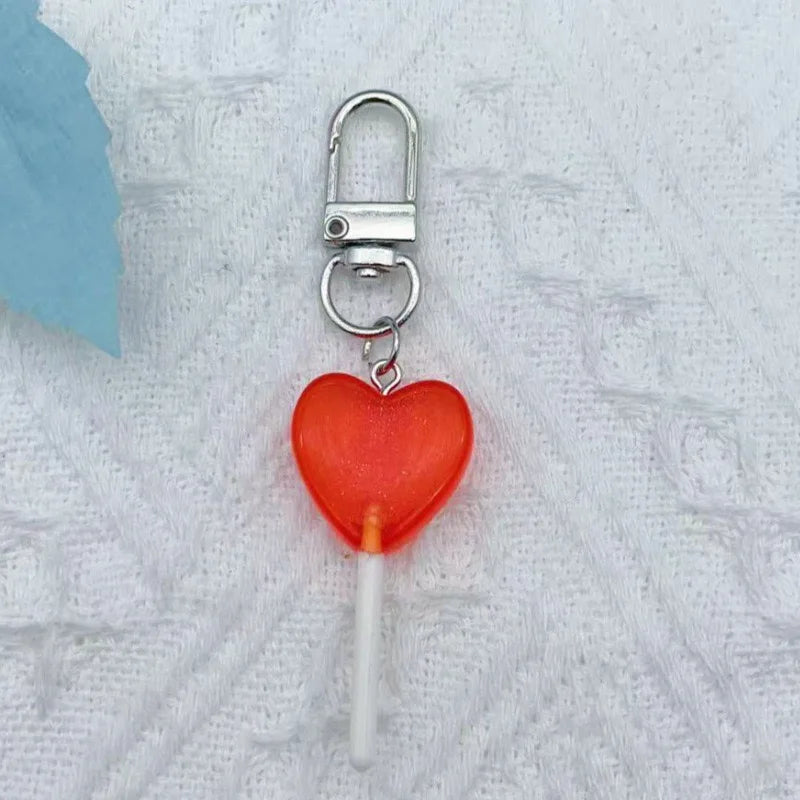 9pcs Sweet simulation color translucent resin heart-shaped lollipop keychain candy pendant bag accessories for daily girls