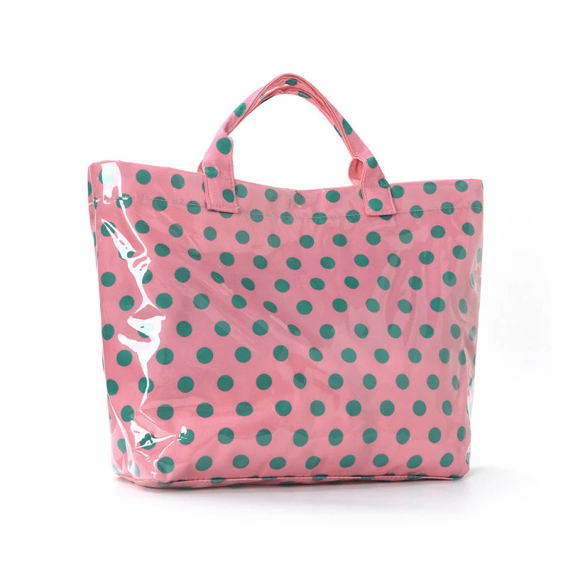 Korean Style Polka Dot Tote Bag PVC Waterproof Large Capacity Handbag Travel Shoulder Bag Shopping Portable Lightweight Casual