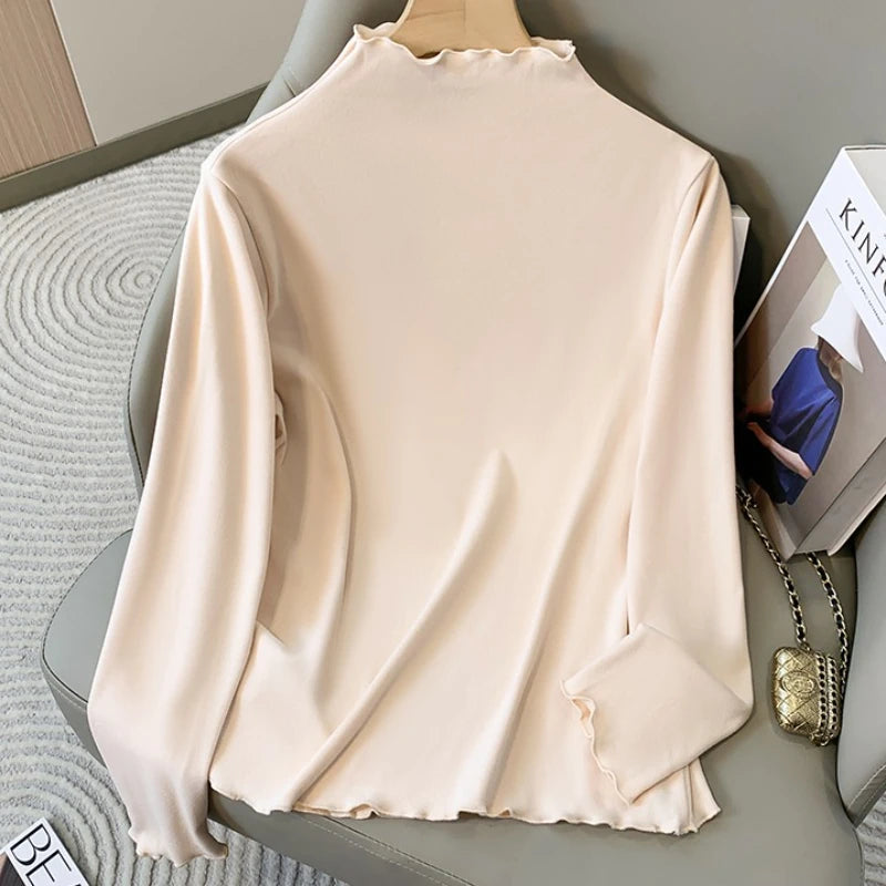 Inner Wear Autumn Winter Fleece Lined Fashion Big Size Tops 2026 Plus Size Women's Long Sleeve Turtleneck Velvet Base T-shirt