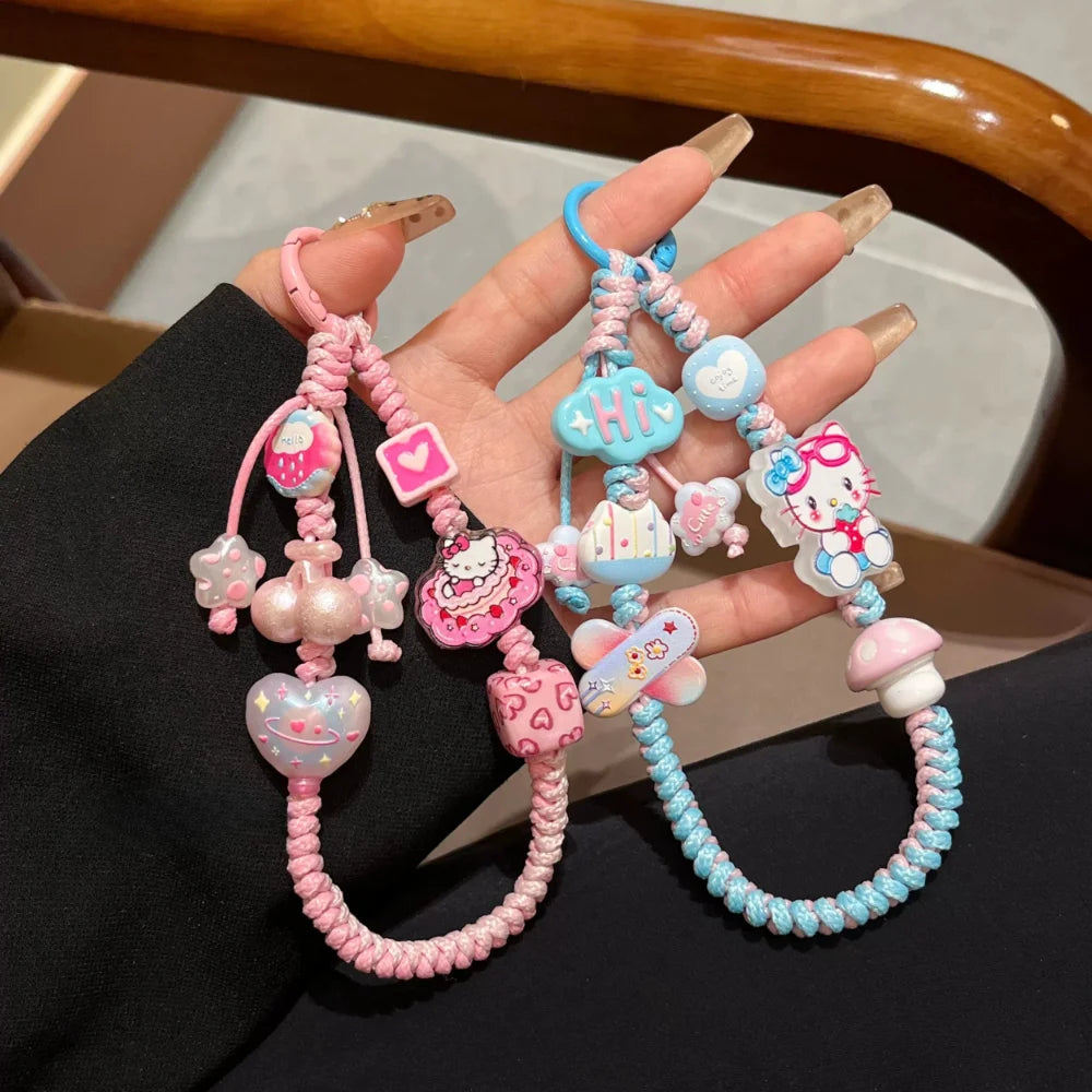 INS Sanrio Hello Kitty Sweet Pink Hand Woven Phone Case Wrist Strap Bead Keychain Bag Decor Pendant for Girl Woman Phone Lanyard