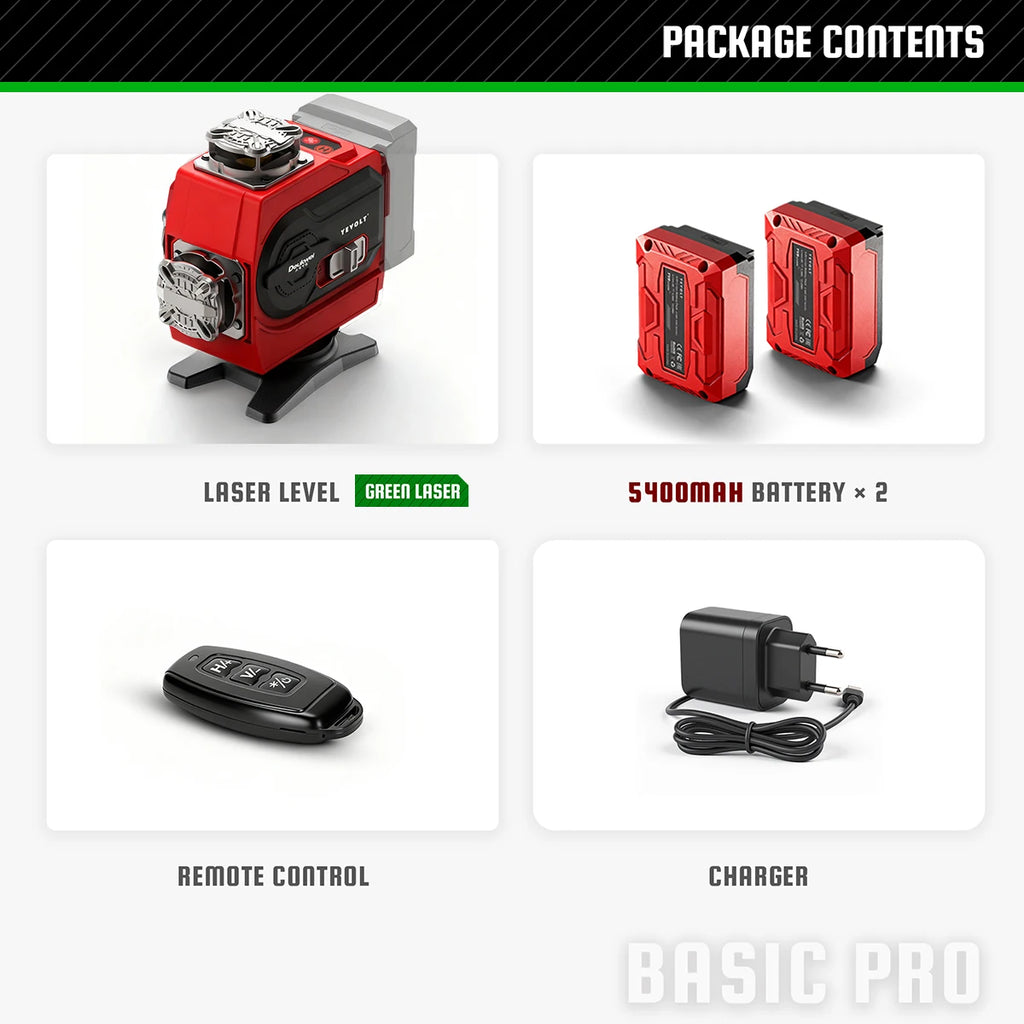 YEVOLT 360° Self-Leveling 16-Line Laser Level (Red/Green Beam Options) - Ultra-Clear for Indoor/Outdoor Use Rechargeable Battery